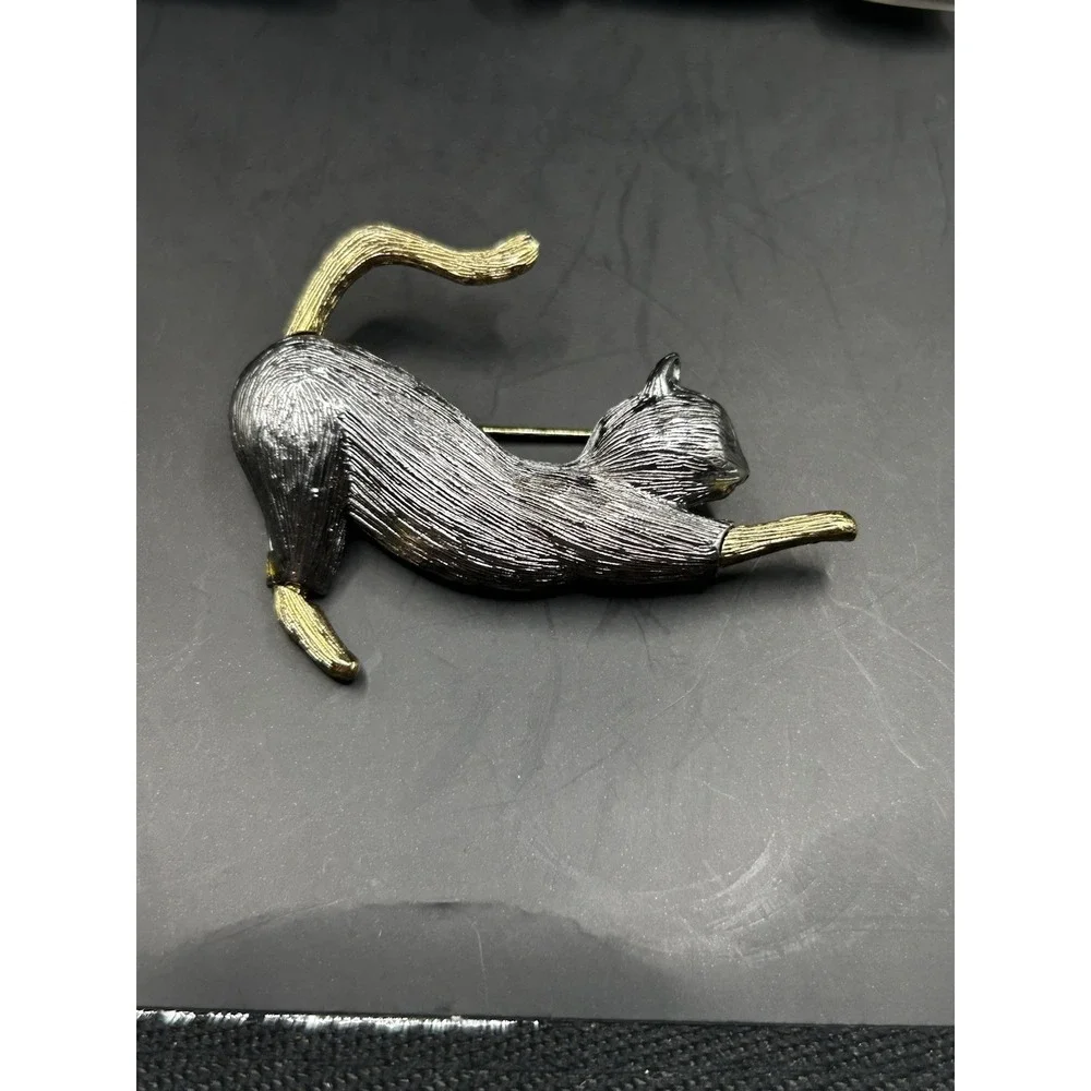 Vintage Cat Brooch Pins Pewter Black Enamel Articulated Hanging Mouse